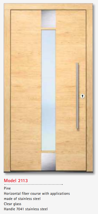 UNILUX Model 2113 Pine Door, Horizontal Fiber, Stainless Accents, Clear Glass, Custom Handle, Secure Timber Entry Door